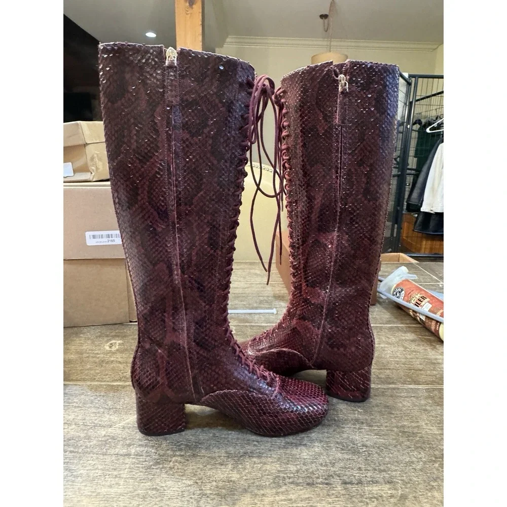 Kate Spade Lake‎ Snake-Embossed Leather Knee High Boots Burgundy  Victorian